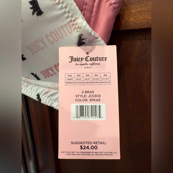 Juicy Couture NWT Girls 2Pk Pink & White Logo Scottie Print Padded Bras (I039) - Picture 3 of 6